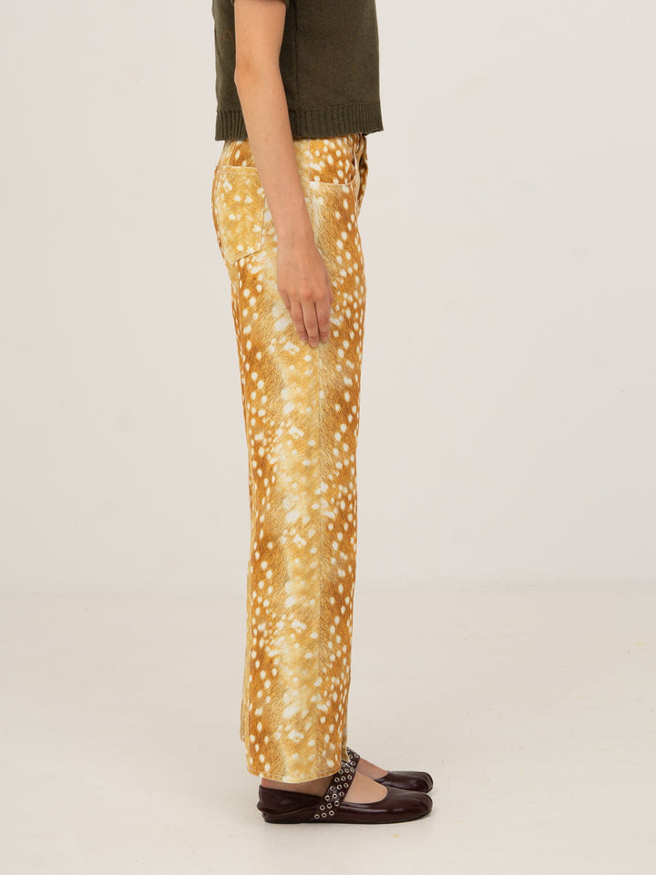 Women's orange deer print wide leg jeans with high waist and button fly