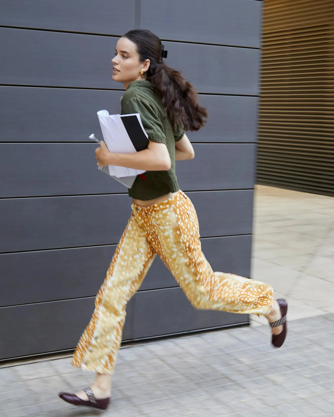 Women's orange deer print wide leg jeans with high waist and button fly
