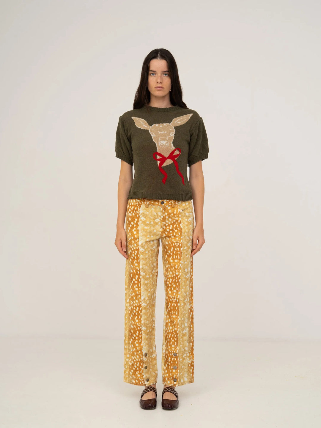 Women's orange deer print wide leg jeans with high waist and button fly