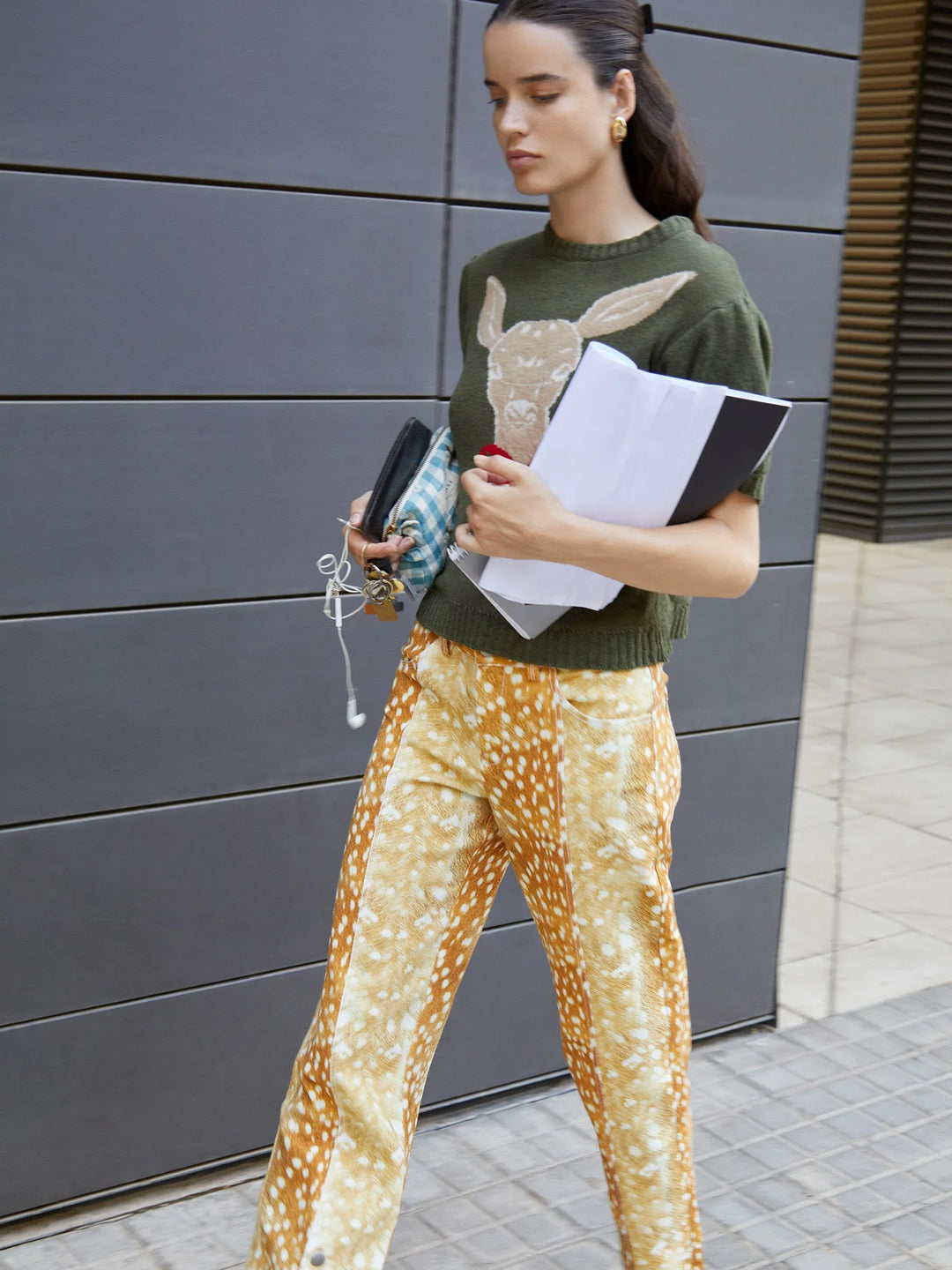 Women's orange deer print wide leg jeans with high waist and button fly