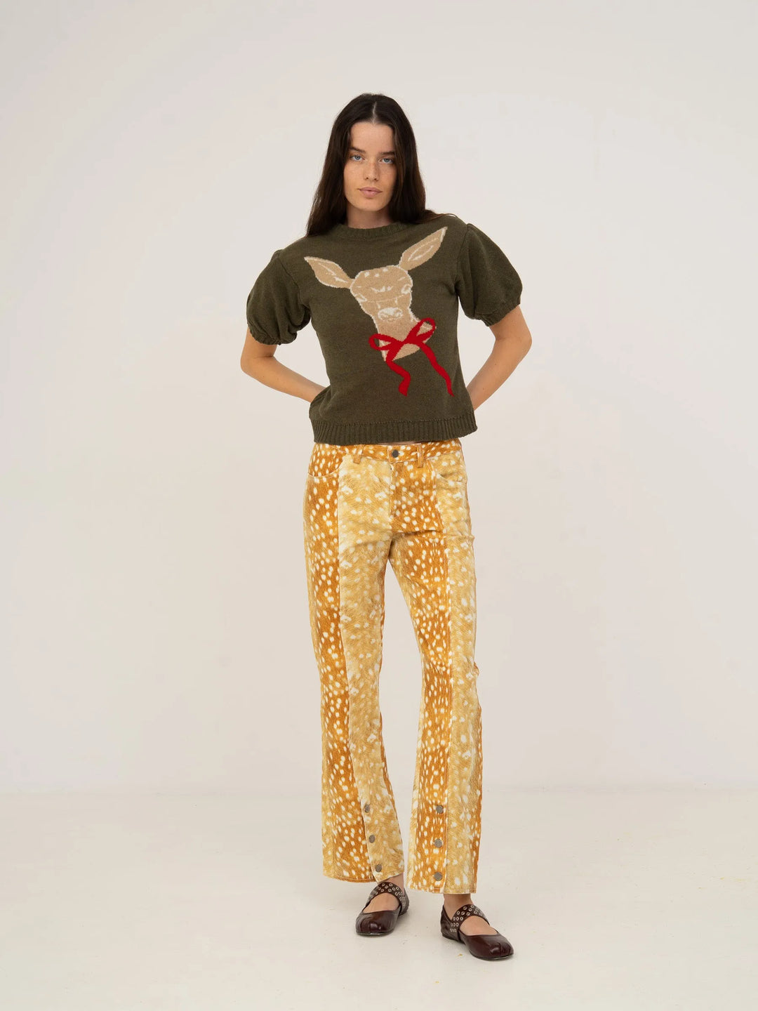 Women's orange deer print wide leg jeans with high waist and button fly