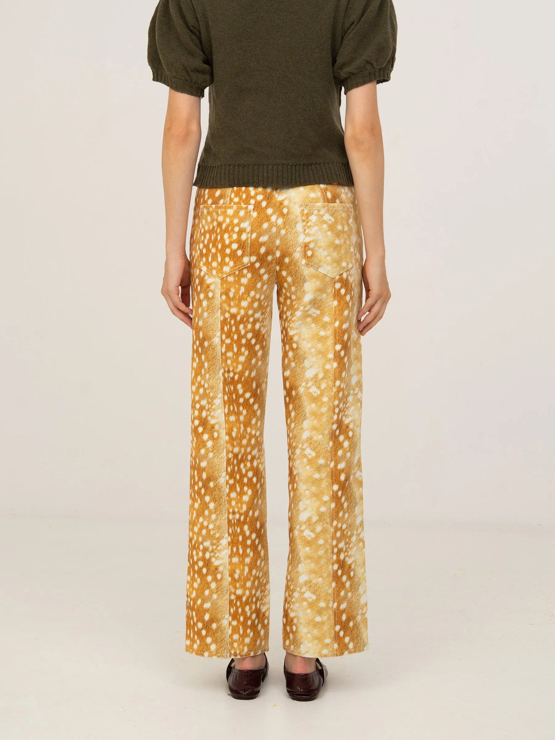 Women's orange deer print wide leg jeans with high waist and button fly