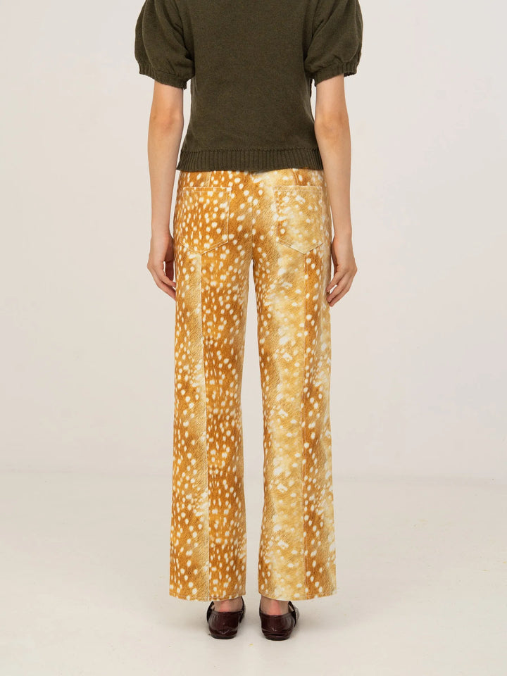 Women's orange deer print wide leg jeans with high waist and button fly
