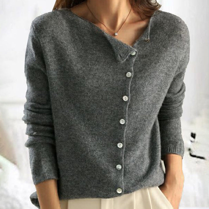Women's long sleeve button cardigan with crew neckline and ribbed trim