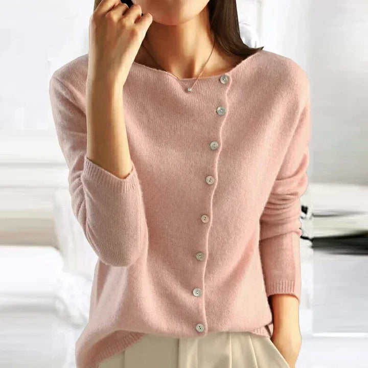 Women's long sleeve button cardigan with crew neckline and ribbed trim