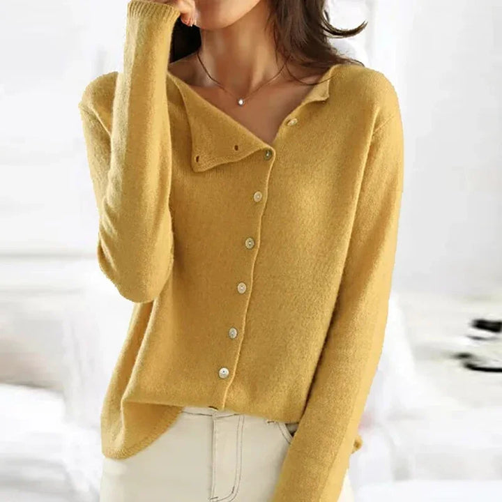 Women's long sleeve button cardigan with crew neckline and ribbed trim