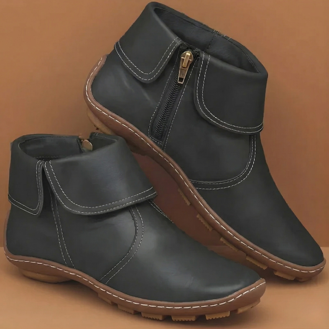 Women's solid ankle boots with round toes, side zippers and low heels