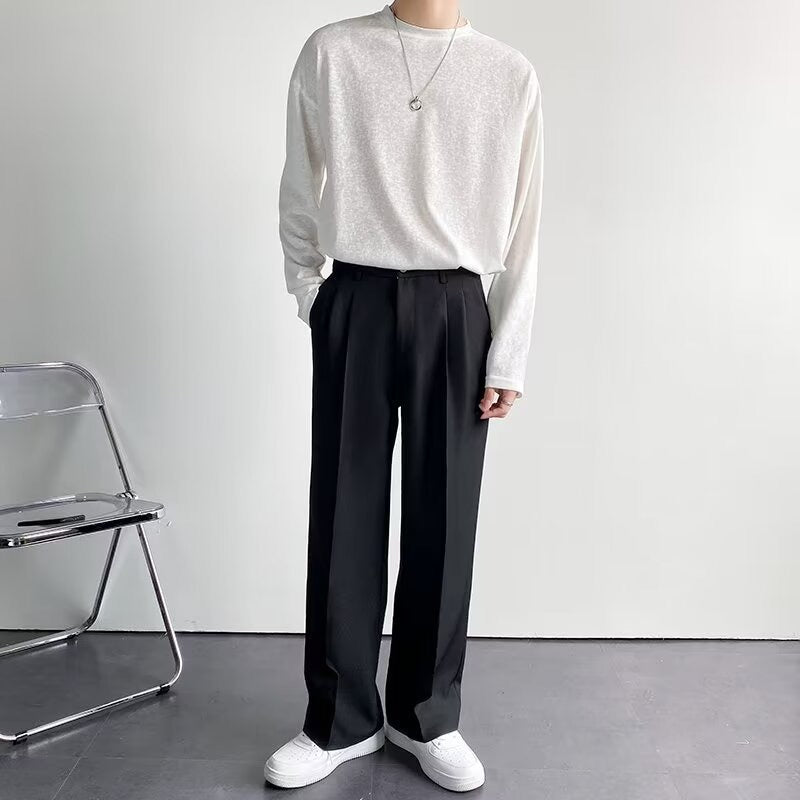 Women's high-rise pleated straight-leg trousers with belt loops and full-length hems