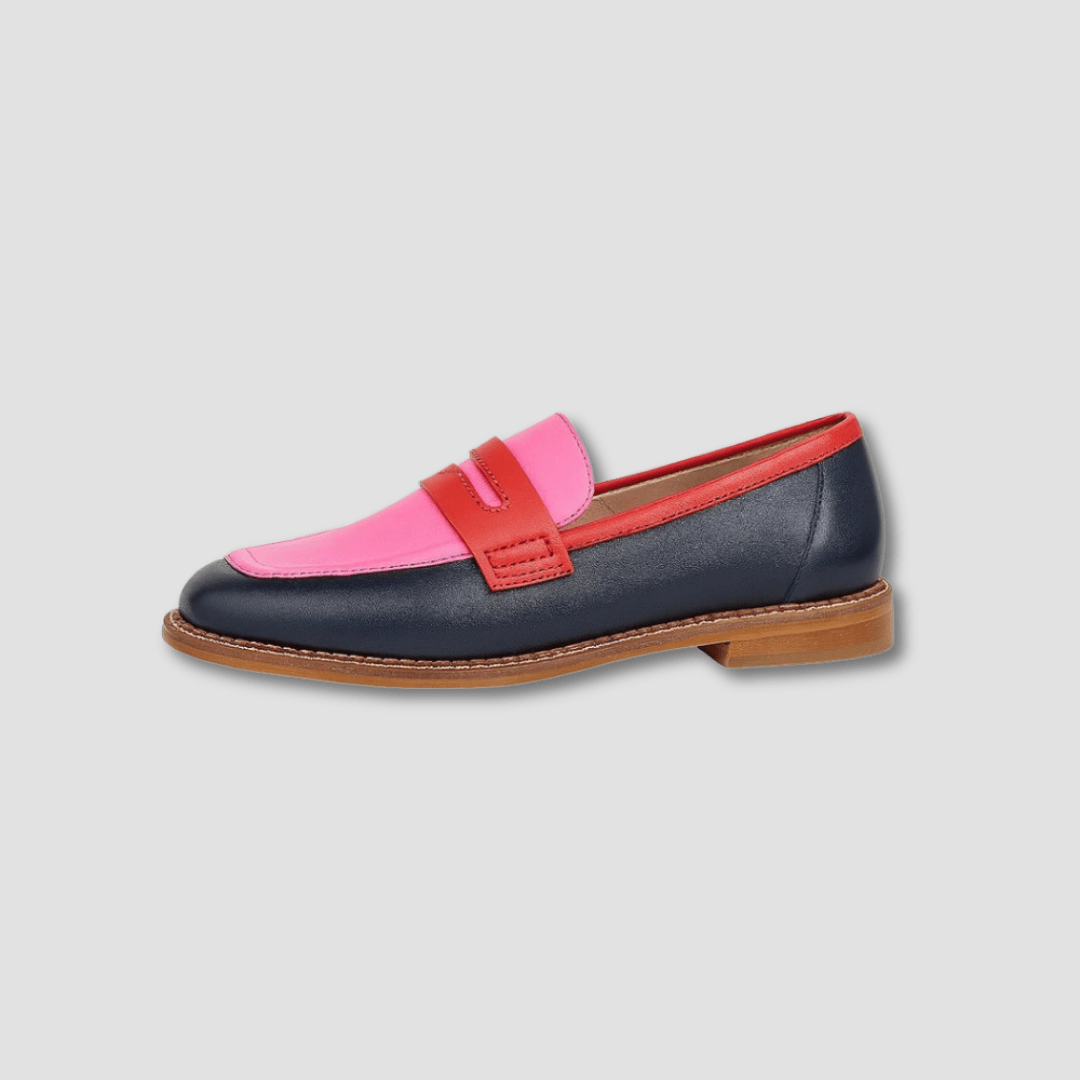 Women's color block slip-on loafers with flat soles and contrast vamp straps