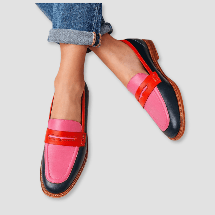 Women's color block slip-on loafers with flat soles and contrast vamp straps