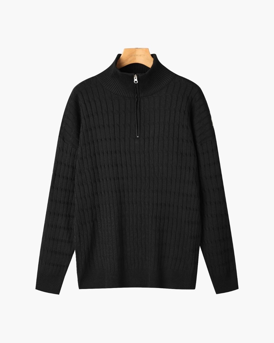 Ribbed half-zip mock neck sweater with long sleeves