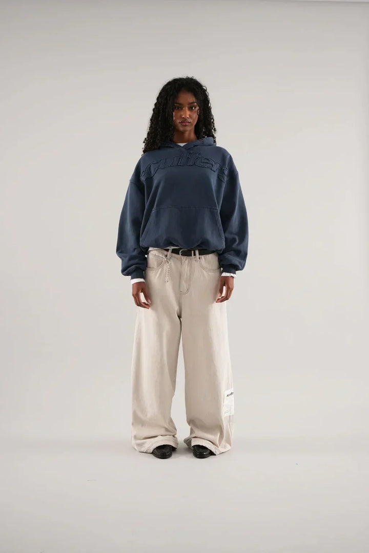 Women's hooded sweatshirt with embossed chest lettering and kangaroo pocket