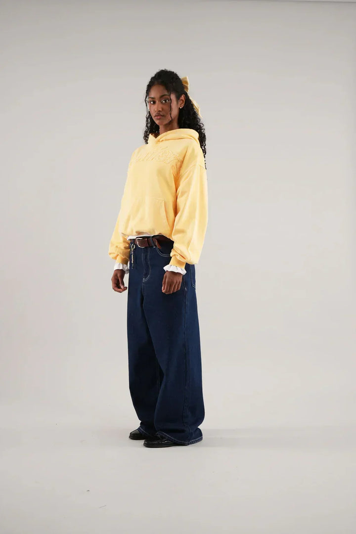 Women's hooded sweatshirt with embossed chest lettering and kangaroo pocket