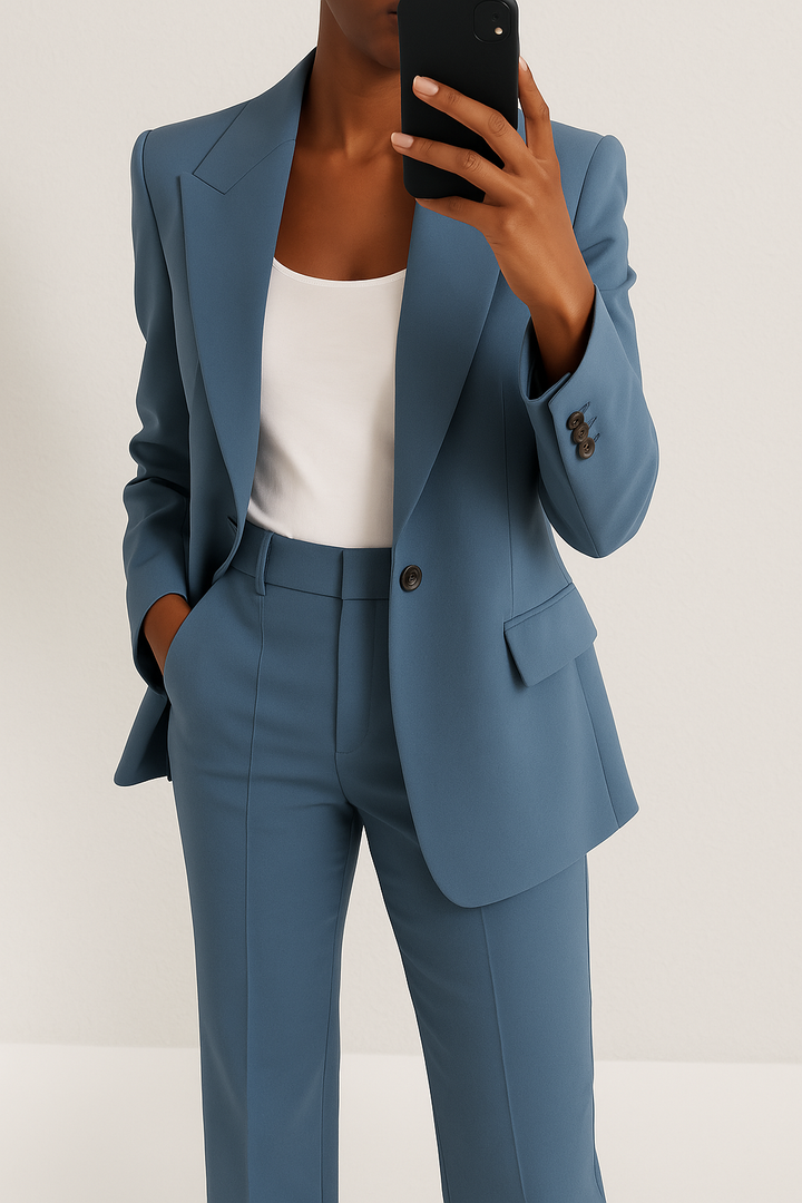 Women's two-piece trouser suit with notch lapel blazer and straight-leg trousers
