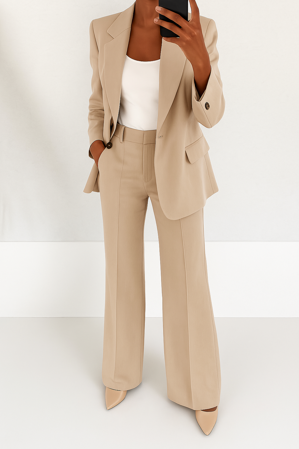 Women's two-piece trouser suit with notch lapel blazer and straight-leg trousers