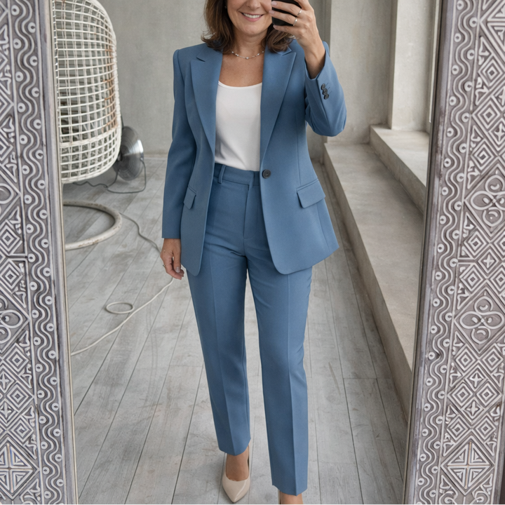 Women's two-piece trouser suit with notch lapel blazer and straight-leg trousers