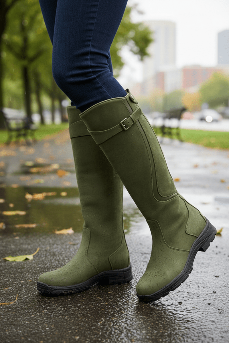 Women's knee-high boots with buckle straps, side zippers and low heels
