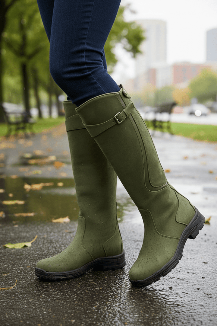 Women's knee-high boots with buckle straps, side zippers and low heels