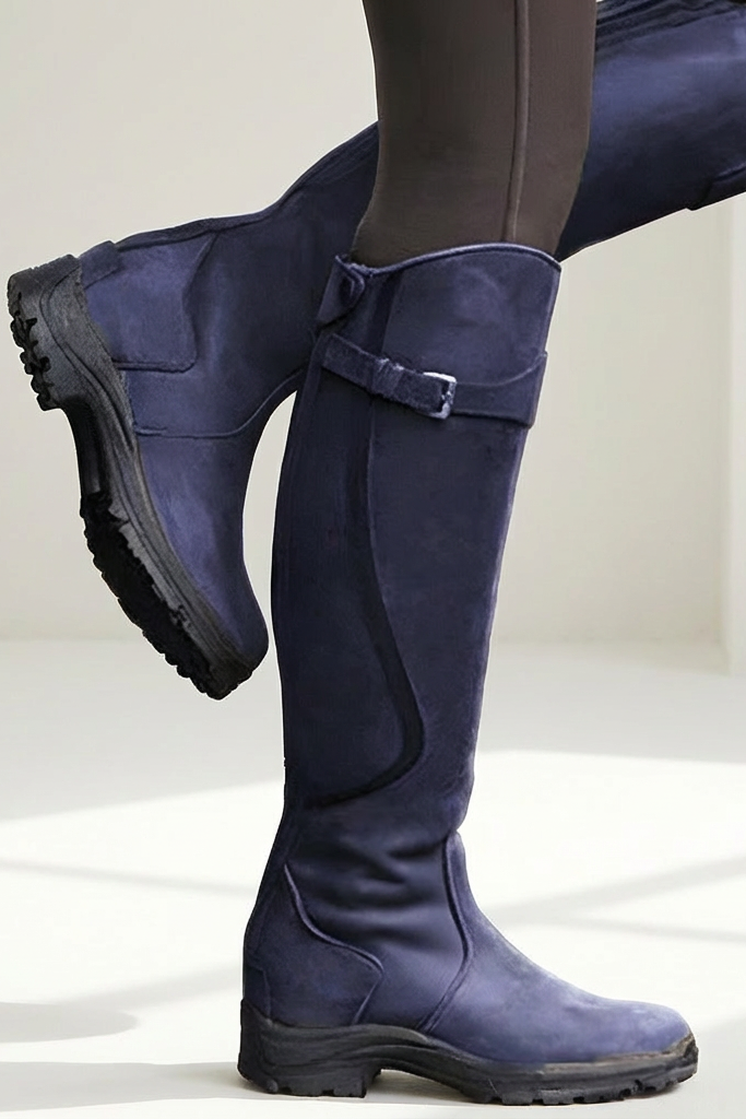 Women's knee-high boots with buckle straps, side zippers and low heels