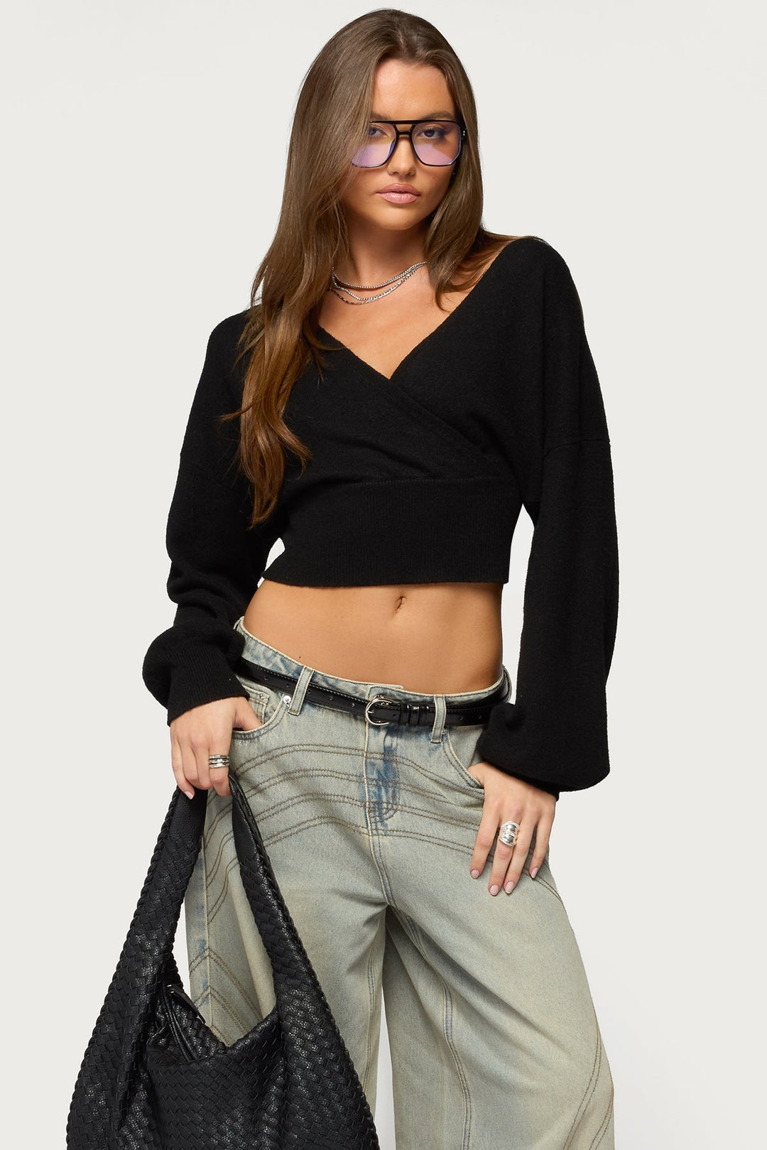 Women's cropped wrap sweater with V-neckline and long sleeves