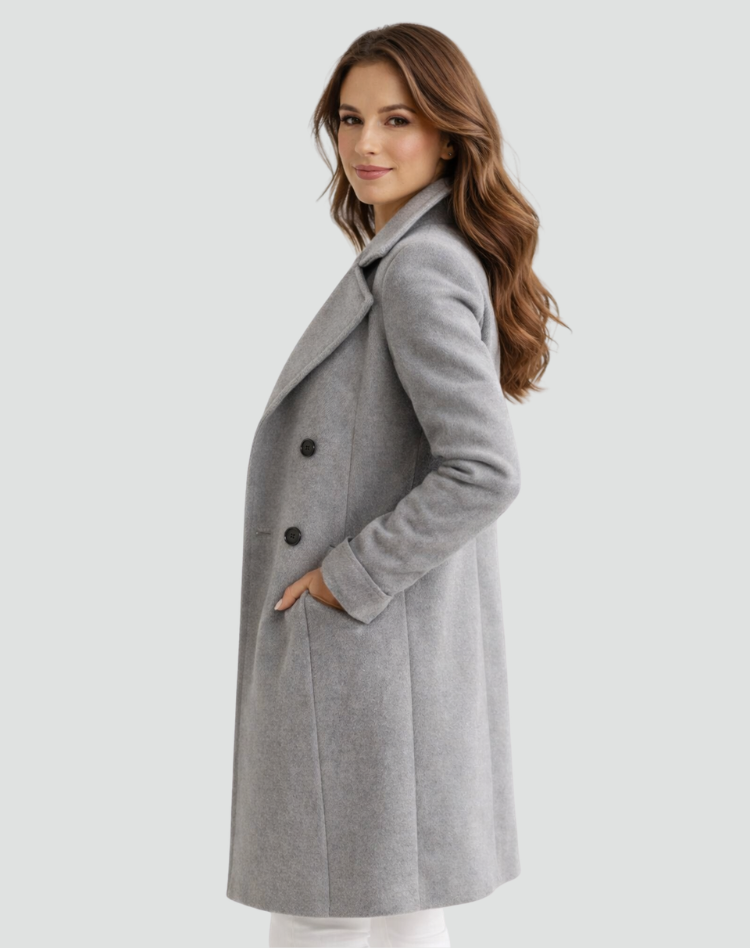 Women's double-breasted midi coat with notched lapels and long sleeves