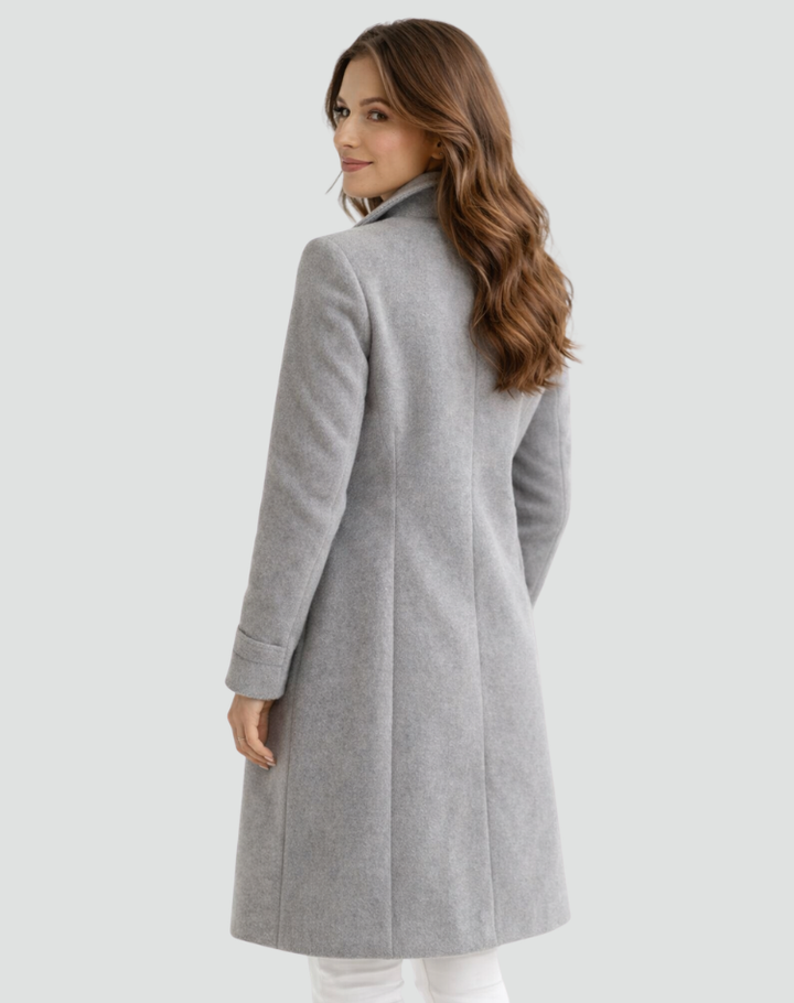 Women's double-breasted midi coat with notched lapels and long sleeves