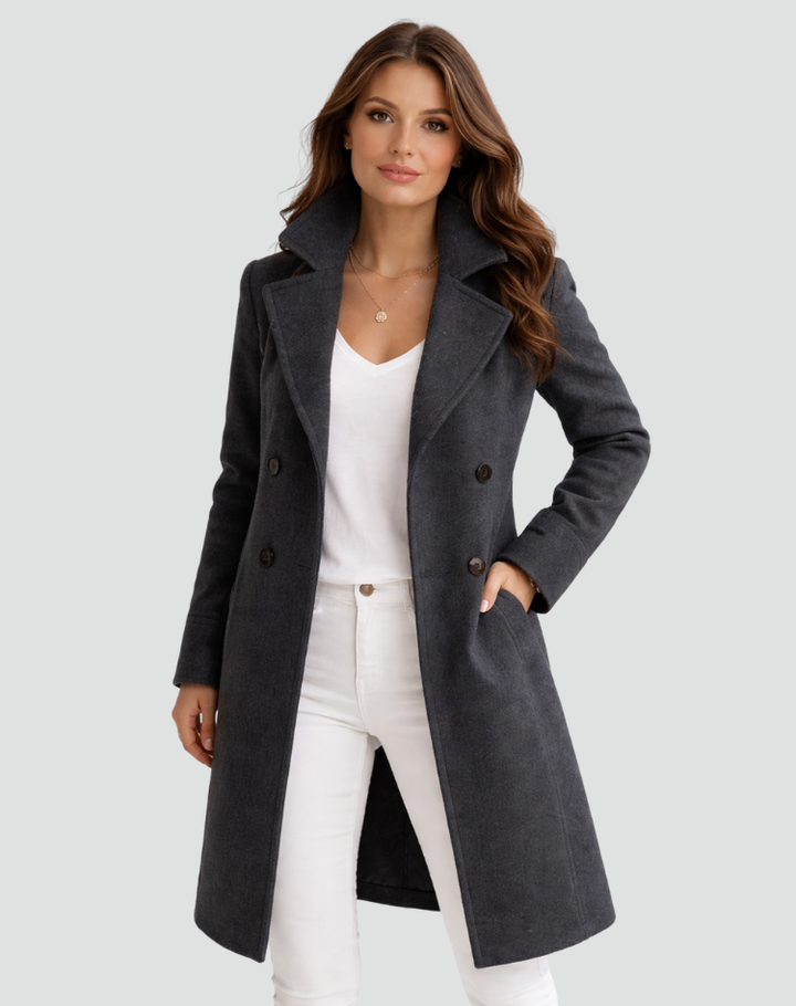 Women's double-breasted midi coat with notched lapels and long sleeves