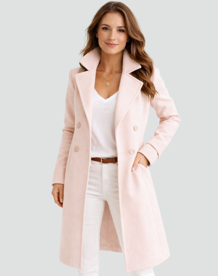 Women's double-breasted midi coat with notched lapels and long sleeves