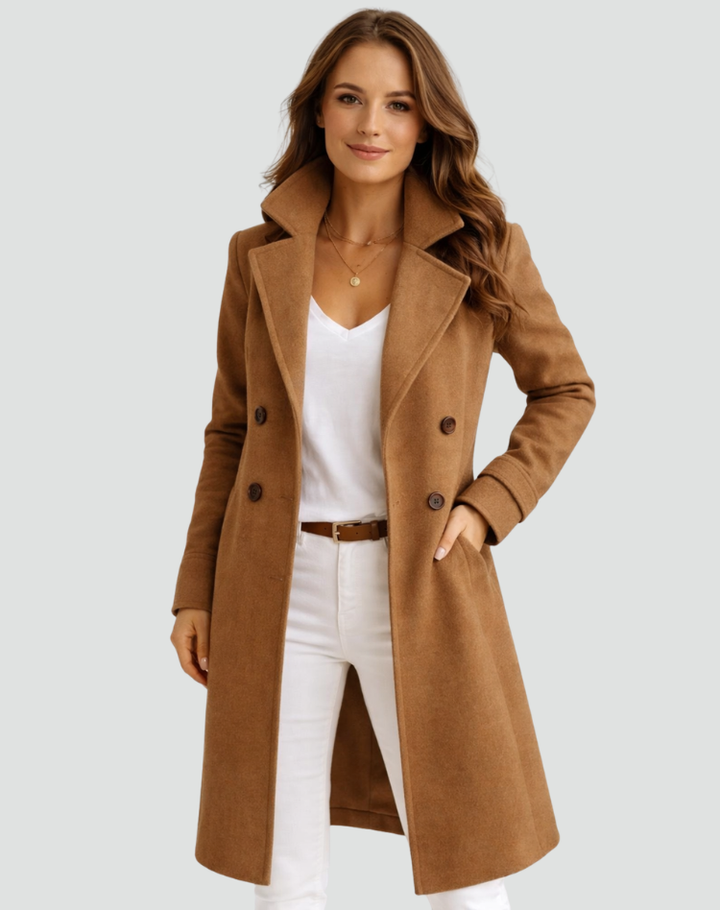Women's double-breasted midi coat with notched lapels and long sleeves