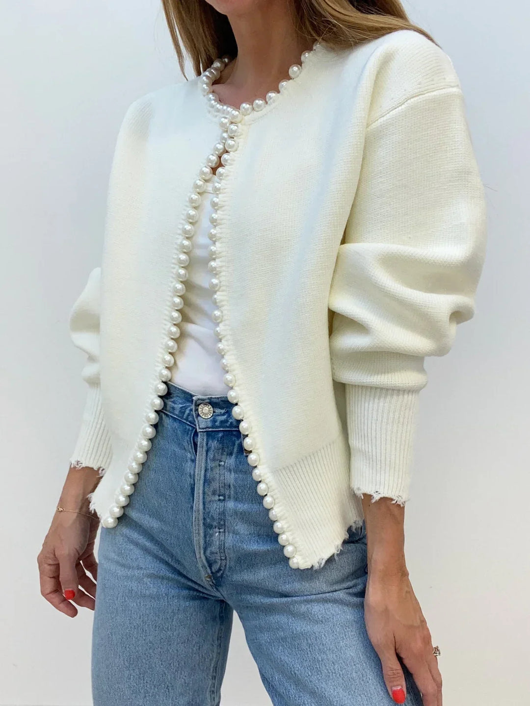 Women's open-front cardigan with pearl-style trim, round neckline and long sleeves