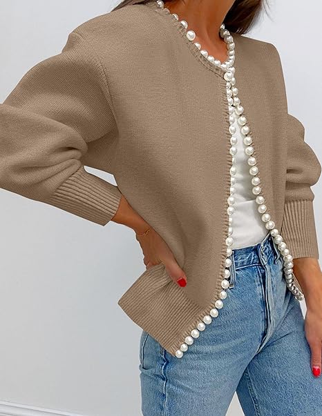 Women's open-front cardigan with pearl-style trim, round neckline and long sleeves