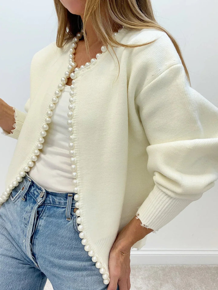 Women's open-front cardigan with pearl-style trim, round neckline and long sleeves