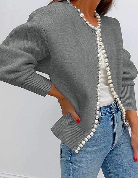 Women's open-front cardigan with pearl-style trim, round neckline and long sleeves
