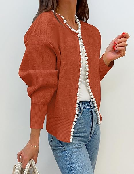 Women's open-front cardigan with pearl-style trim, round neckline and long sleeves