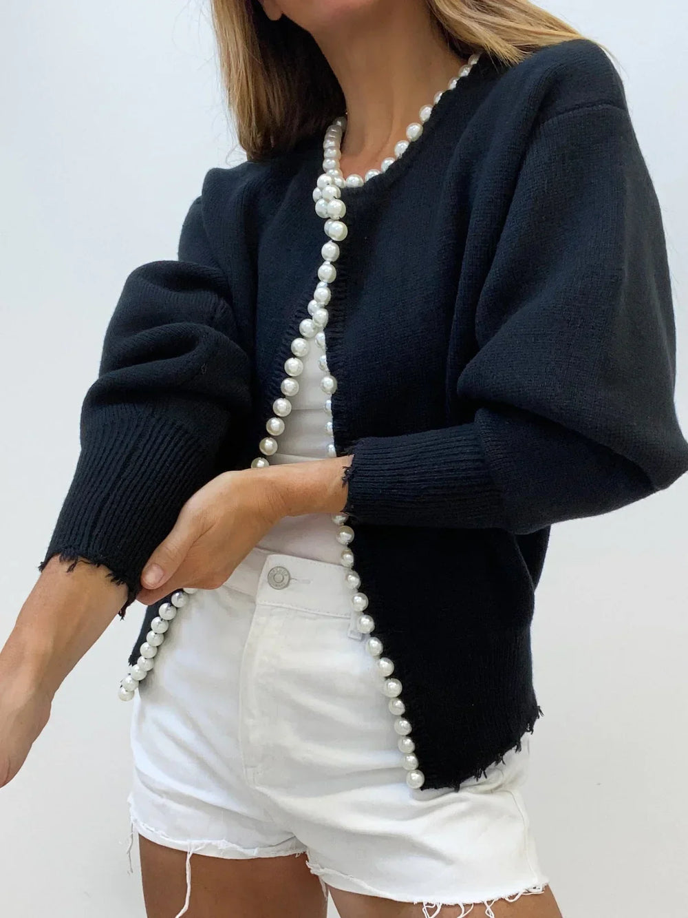 Women's open-front cardigan with pearl-style trim, round neckline and long sleeves