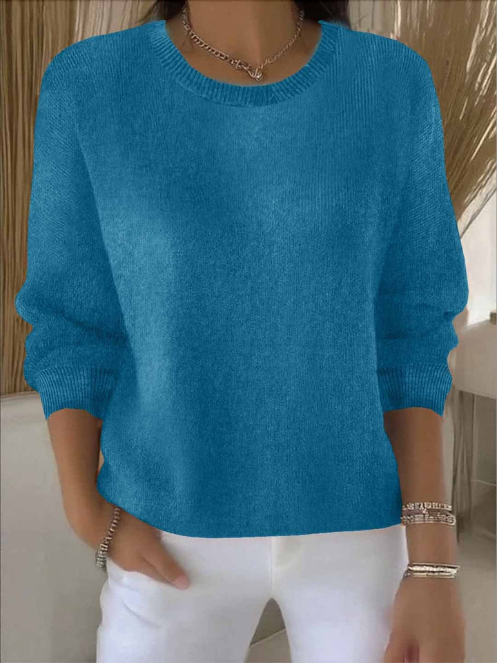Women's long-sleeve crew neck knit sweater with ribbed trims