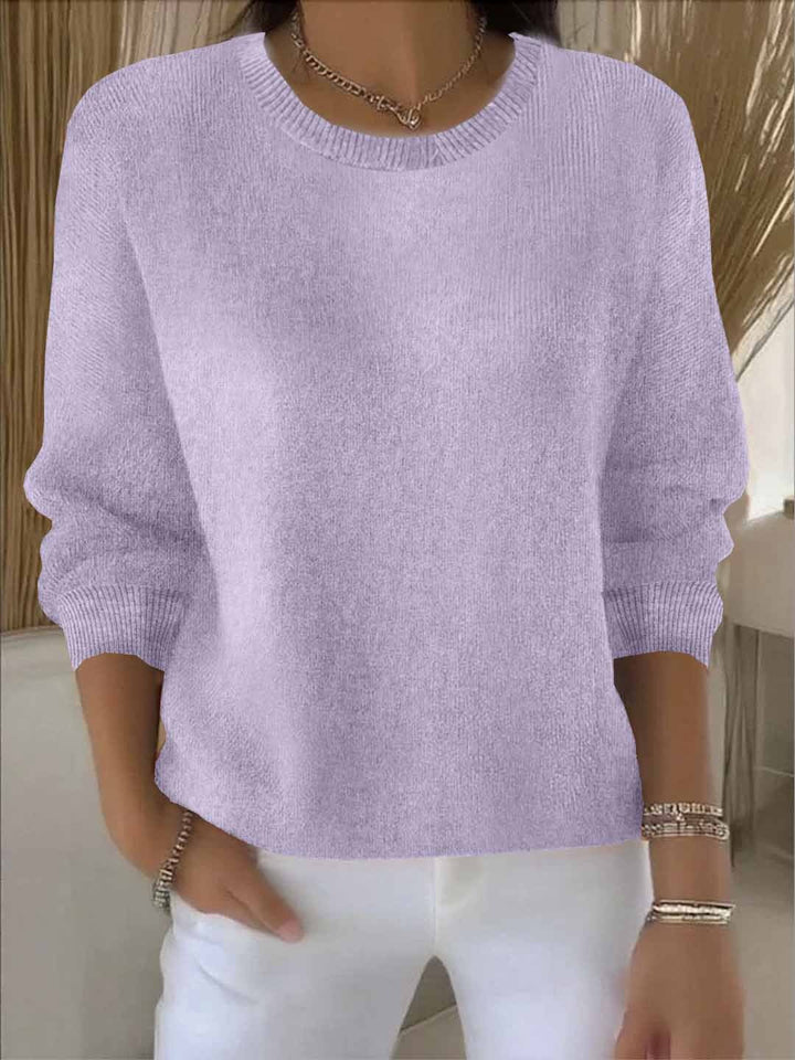 Women's long-sleeve crew neck knit sweater with ribbed trims