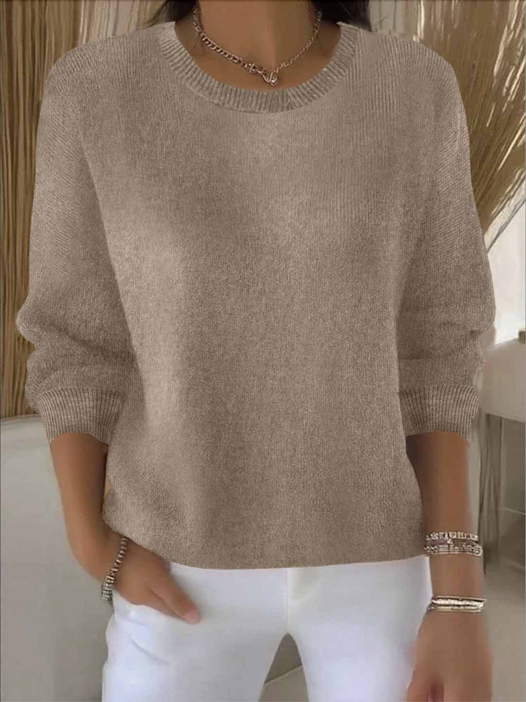 Women's long-sleeve crew neck knit sweater with ribbed trims