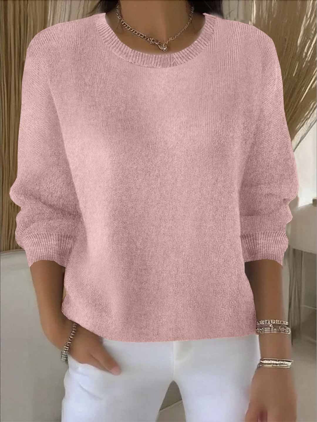 Women's long-sleeve crew neck knit sweater with ribbed trims