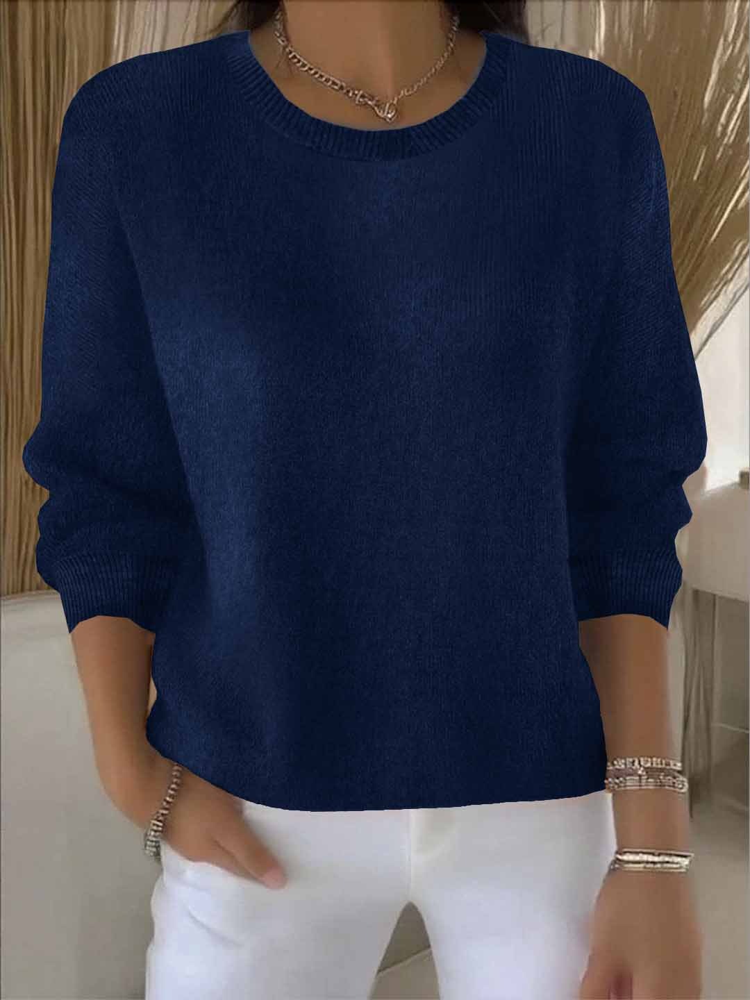 Women's long-sleeve crew neck knit sweater with ribbed trims