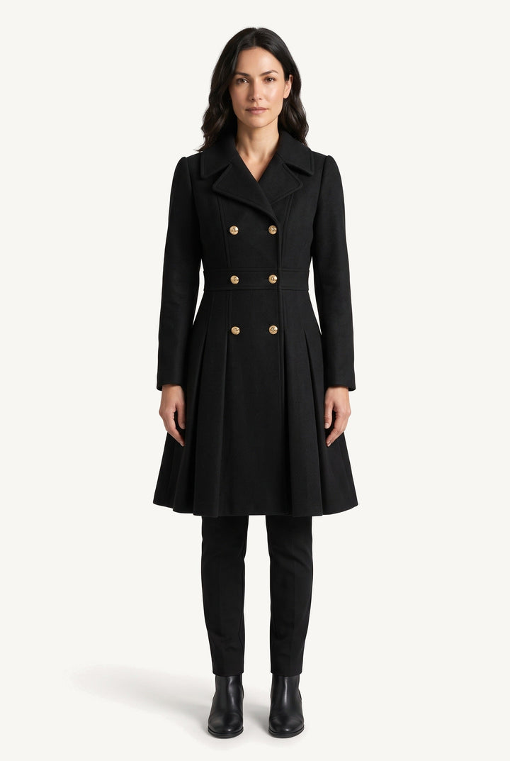 Women's double-breasted flared coat with lapels, long sleeves and gold-tone buttons