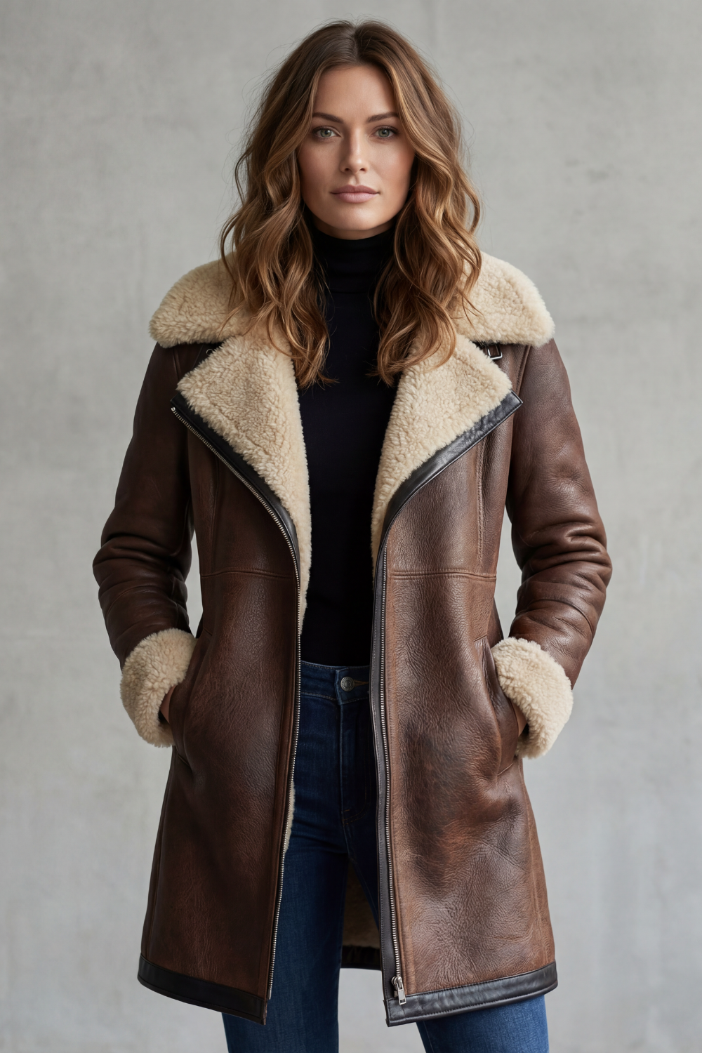 Women's long shearling-lined coat with wide collar and angled zip front