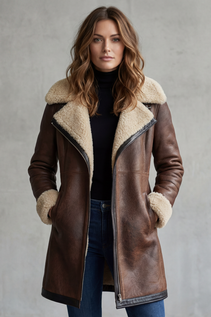 Women's long shearling-lined coat with wide collar and angled zip front