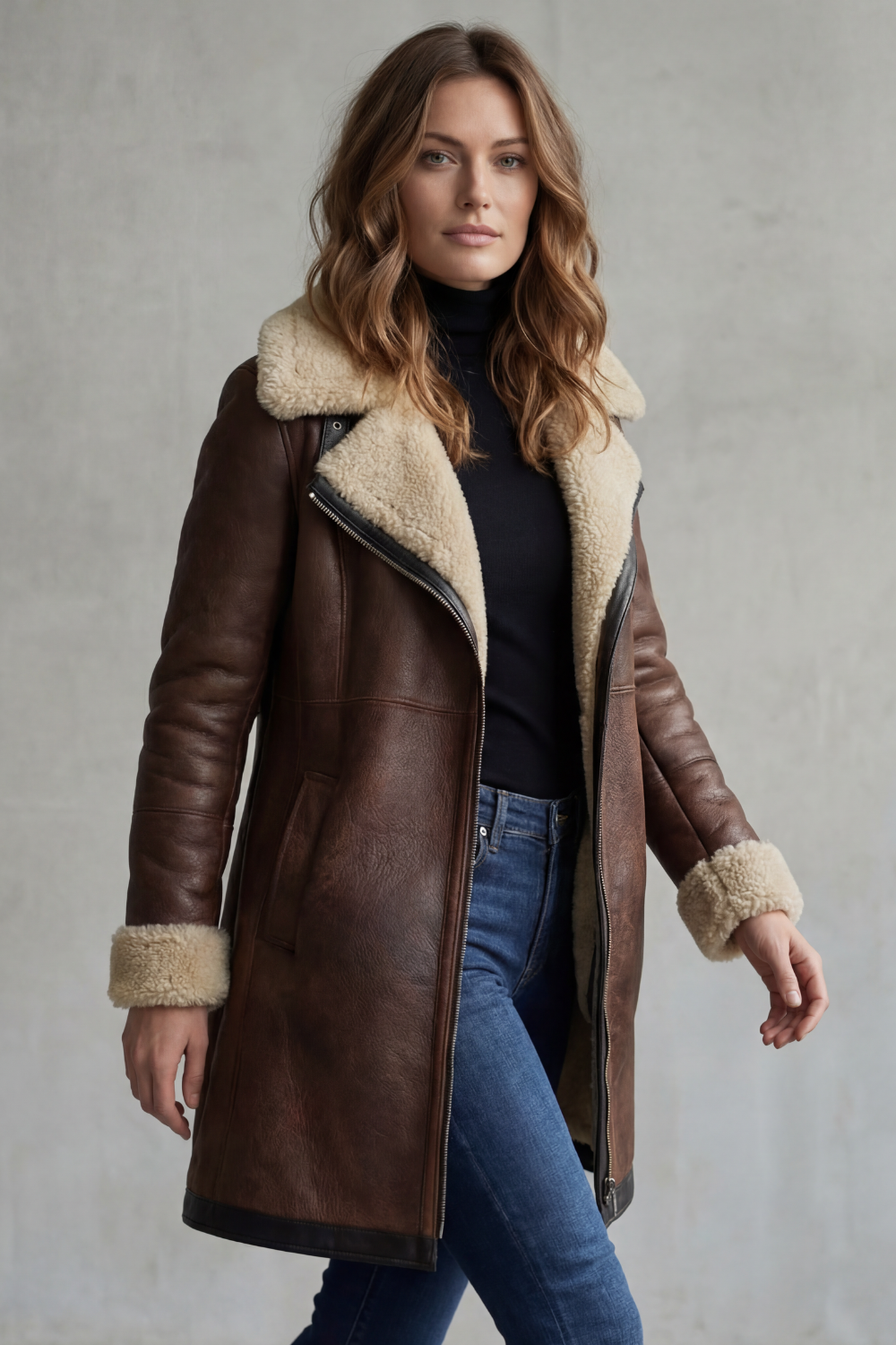 Women's long shearling-lined coat with wide collar and angled zip front