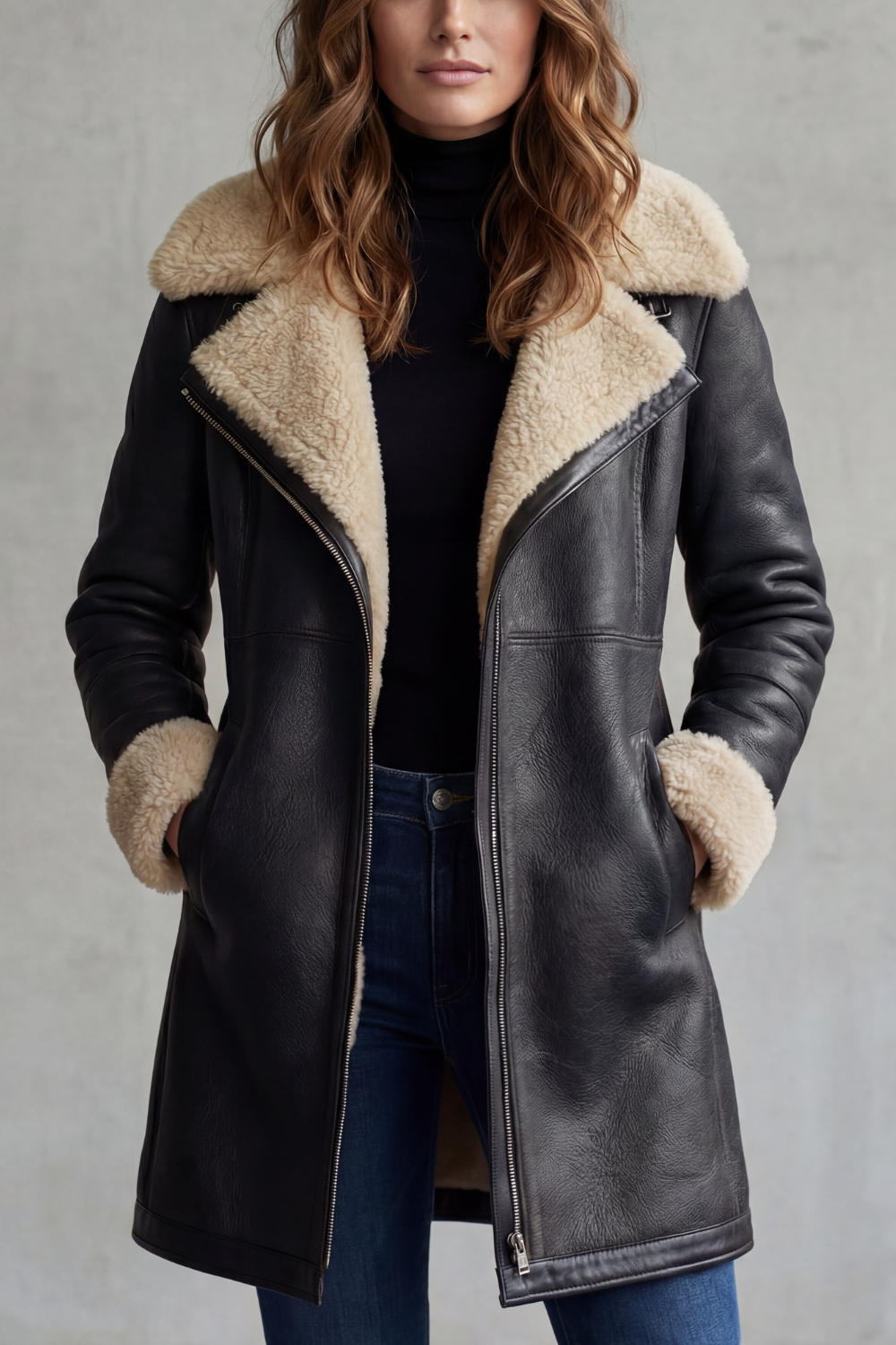 Women's long shearling-lined coat with wide collar and angled zip front