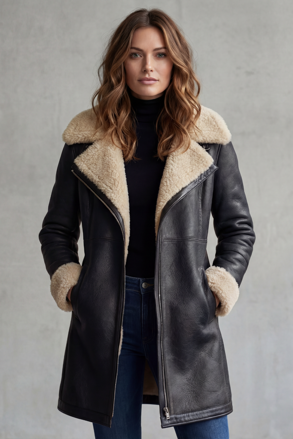 Women's long shearling-lined coat with wide collar and angled zip front