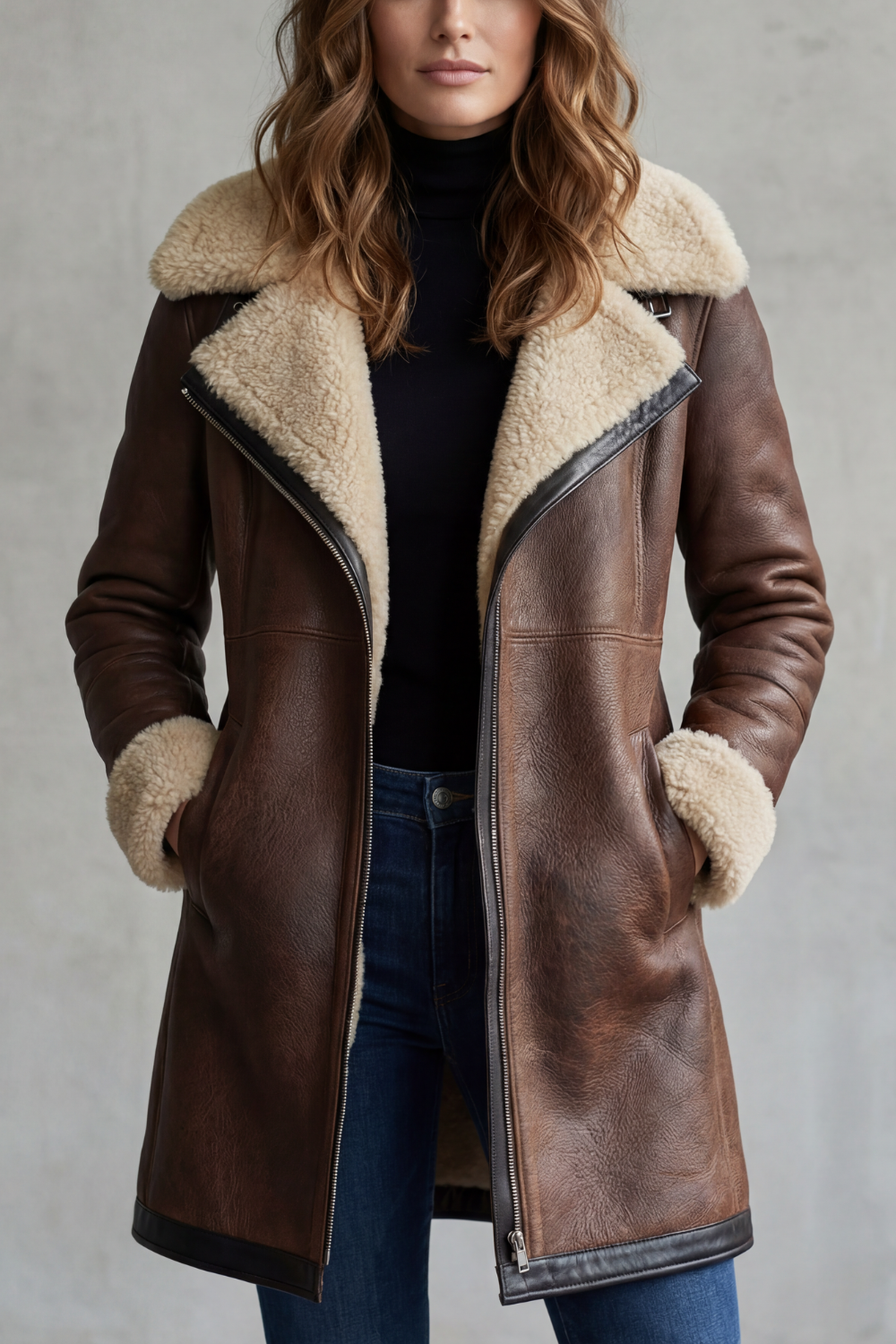 Women's long shearling-lined coat with wide collar and angled zip front
