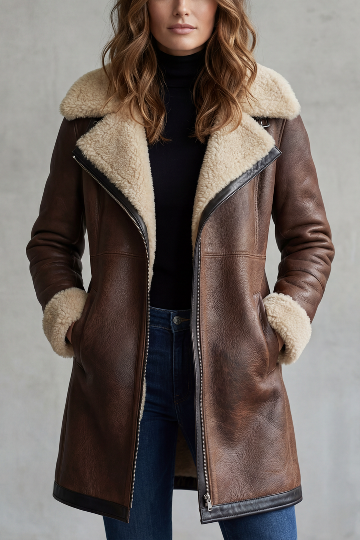 Women's long shearling-lined coat with wide collar and angled zip front