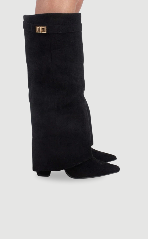 Women's knee-high pointed-toe boots with block heels and side zippers