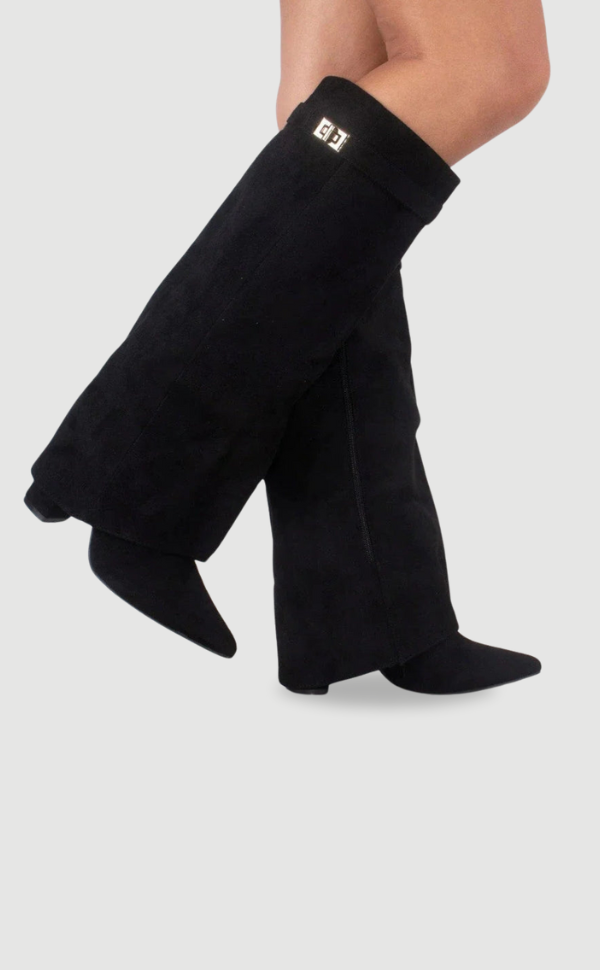 Women's knee-high pointed-toe boots with block heels and side zippers
